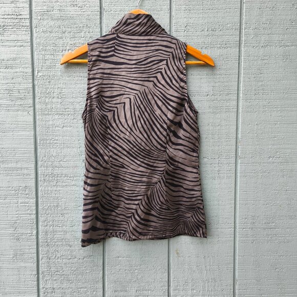 y2k Ann Taylor Stretch Silk Ruffle Zebra Sleeveless Blouse sz 0 Black Gray - Picture 7 of 9